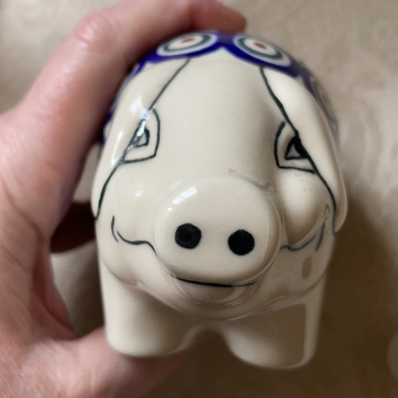 Polish piggy bank by Manufaktura w Bolestawcu peacock leaves pattern, ceramic - Picture 10 of 10